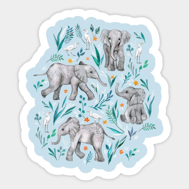 Baby Elephants and Egrets in Watercolor - egg shell blue Sticker by micklyn